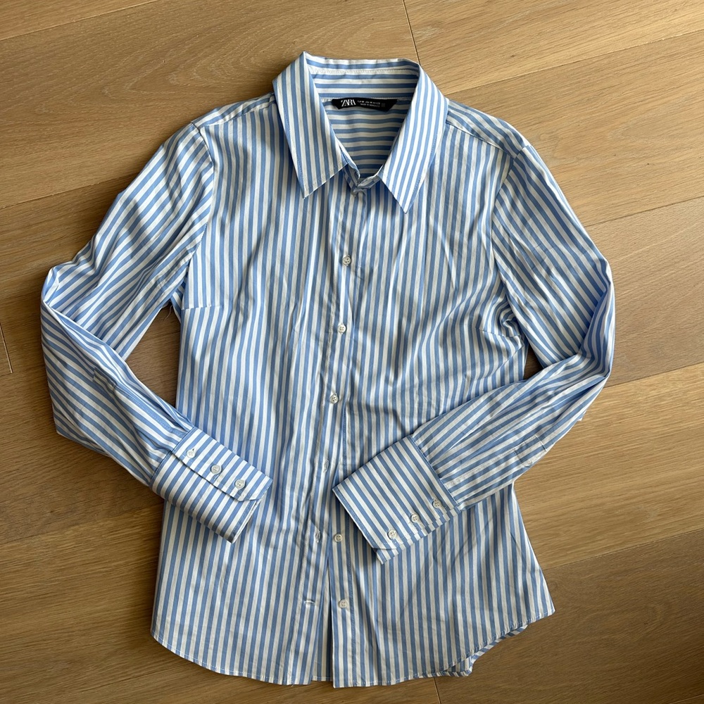 Zara Women Blue Striped Shirt Size M